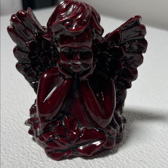 Other - Vintage Winged Angel Cherub Shiny Carved Resin Dark Red Color Figurine Retired